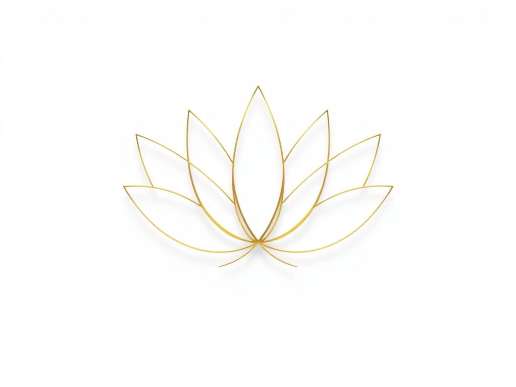 A minimalist abstract lotus symbol, formed by thin golden lines, on a pure white background, elegant and modern, photorealistic, 8k